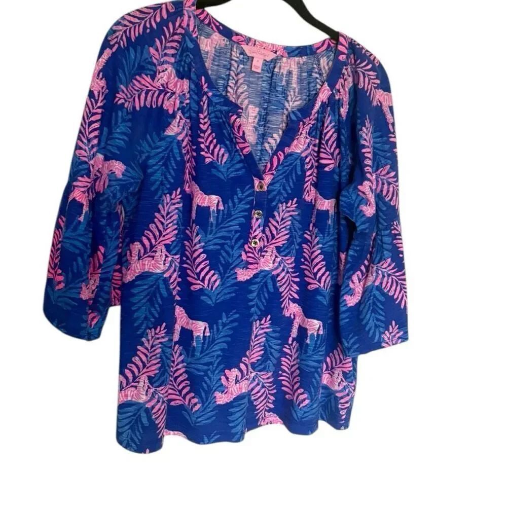 Lilly Pulitzer Teigen Top Blouse Royal Purple Dazzle 3/4 Sleeve Zebra Sz Medium